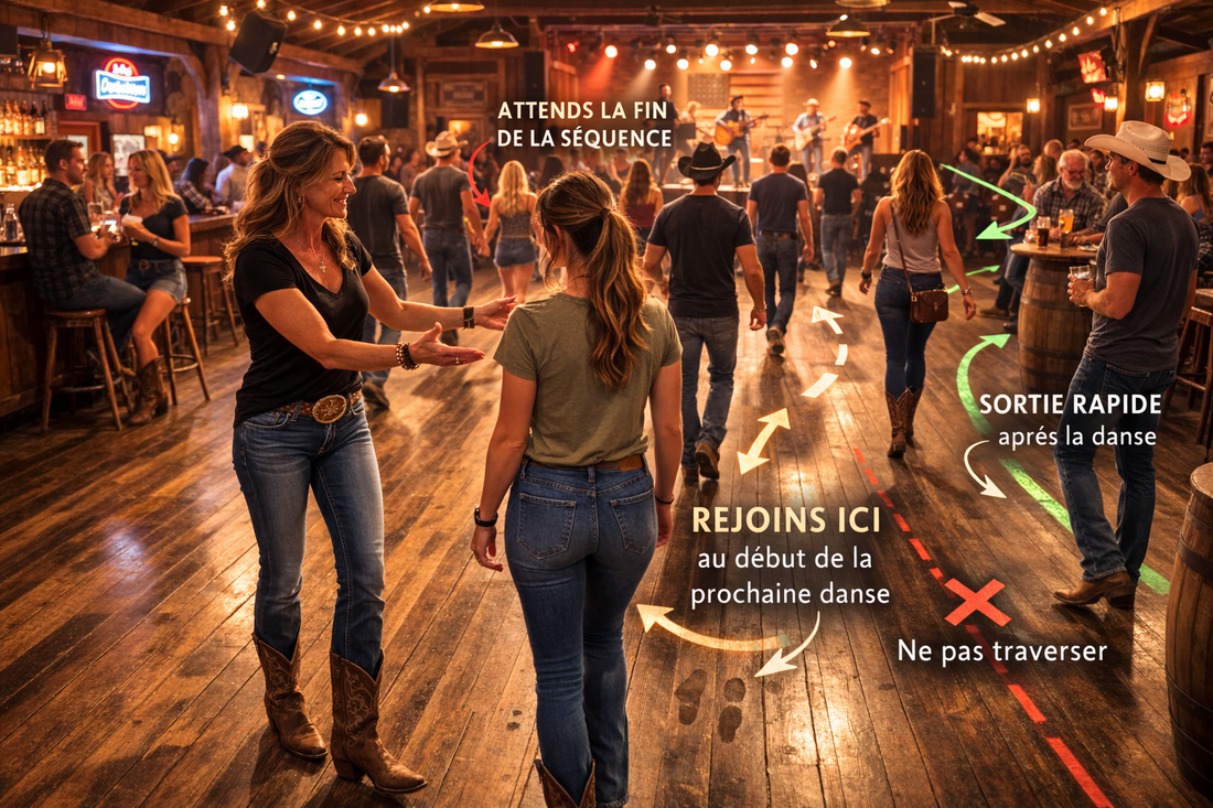 Infographie montrant l’étiquette pour entrer et sortir d’un plancher de danse country dans une salle chaleureuse au plancher de bois