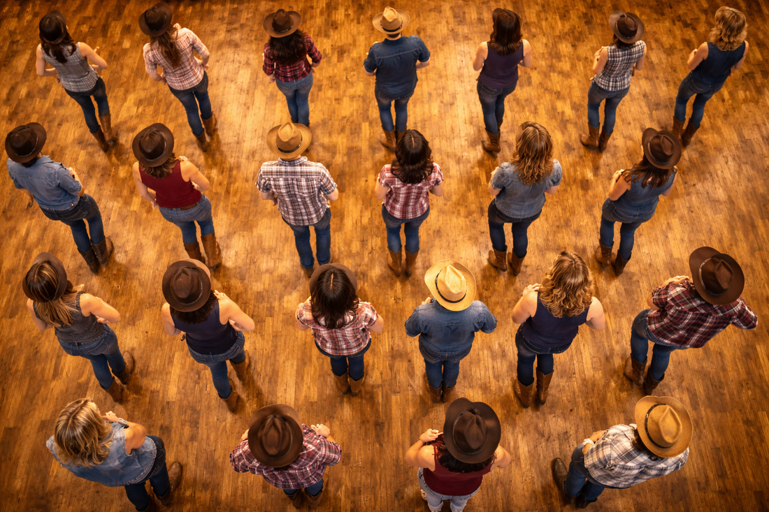 un groupe de danseurs vu d'en haut avec des lignes directionnelles claires. Éducatif et graphique.