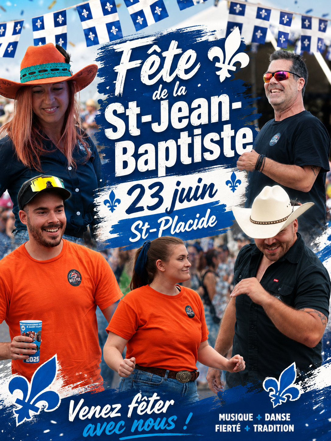 Affiche festive de la Fête de la Saint-Jean-Baptiste à St-Placide, le 23 juin 2026, avec des membres de Wild Fox Country en pleine célébration, des drapeaux du Québec, des fleurs de lys et une ambiance de danse country en plein air.