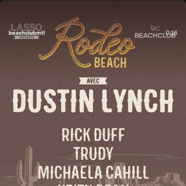 Lineup of artists and activities for the Rodeo Beach event at BeachClub in Pointe-Calumet, Quebec, featuring live country music, dance, and festive entertainment.