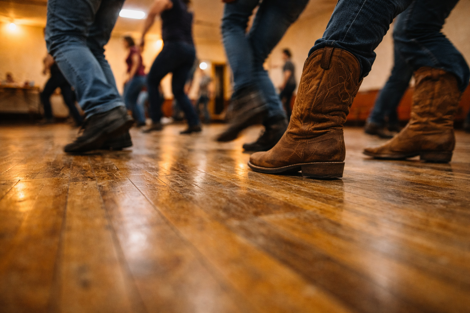 Gros plan au niveau du sol de pieds de danseurs en ligne en plein mouvement, mélange de bottes western et d'espadrilles, flou de mouvement montrant l'énergie physique