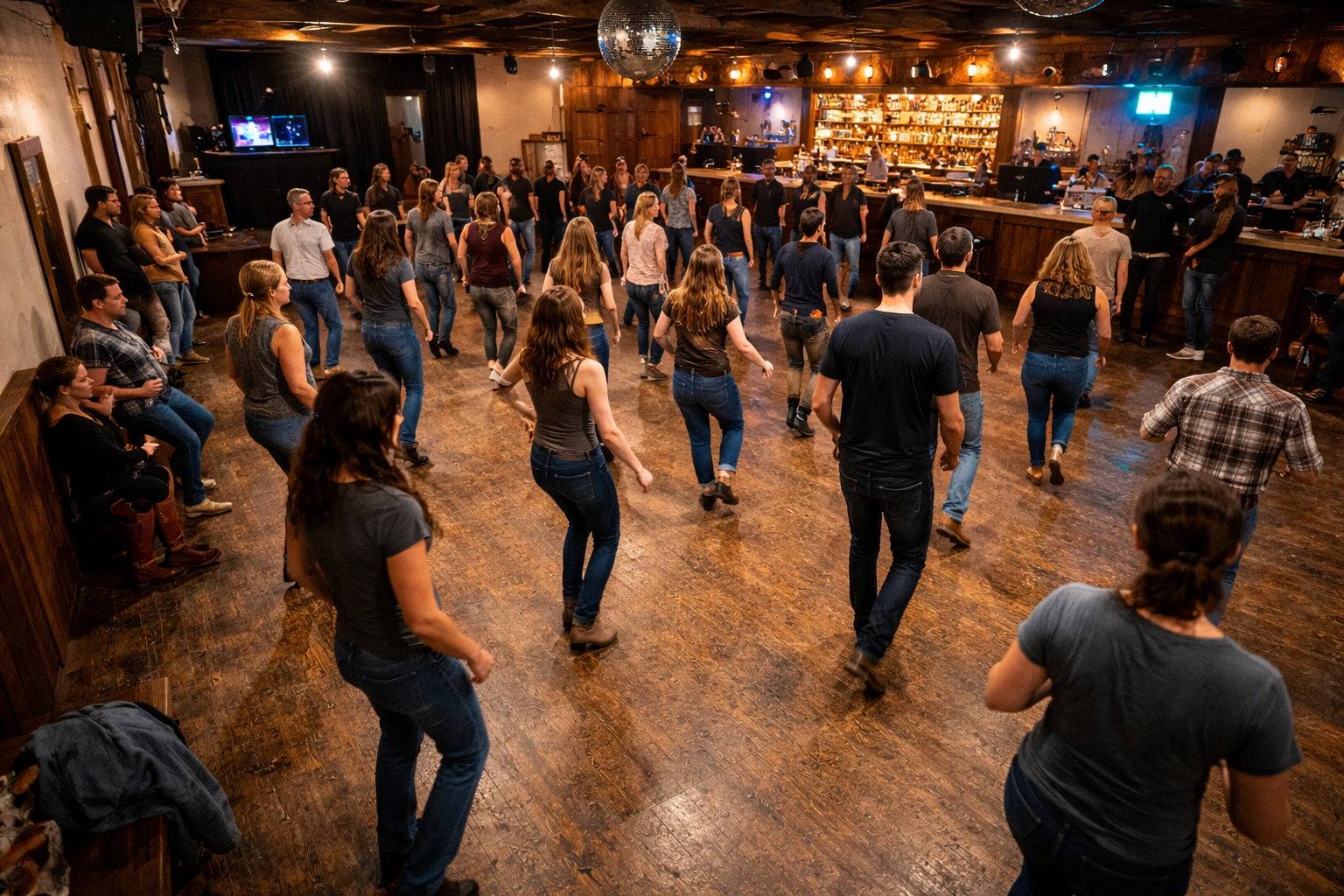 Vue large d'un plancher de danse dans un bar country québécois pendant une soirée, danseurs en lignes synchronisés sous un éclairage chaleureux